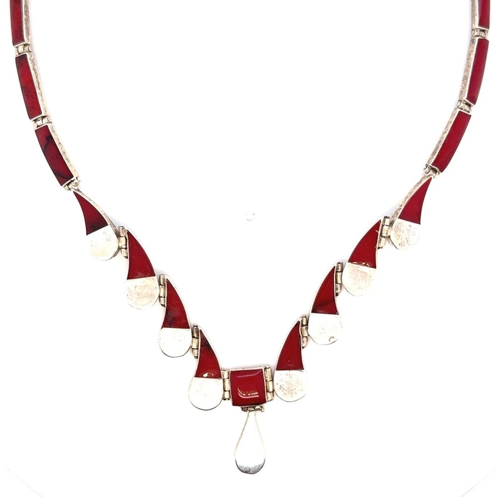 Sterling Silver Mexico Red Enamel Teardrop Necklace